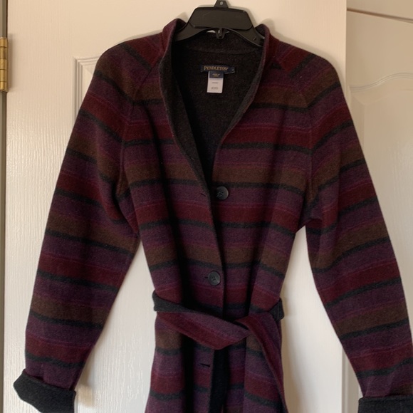 Pendleton soft Wool Wrap Jacket gray black plum stripes Size Large reversible - Picture 2 of 12